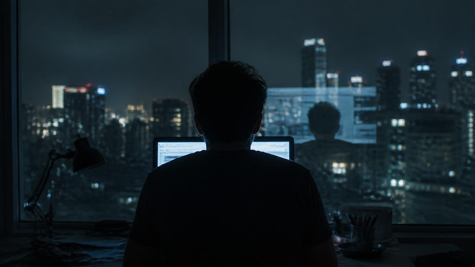 Silhouette d'une personne de dos devant une fenêtre urbaine la nuit, le visage hors champ, éclairée par la lueur froide d'un écran.