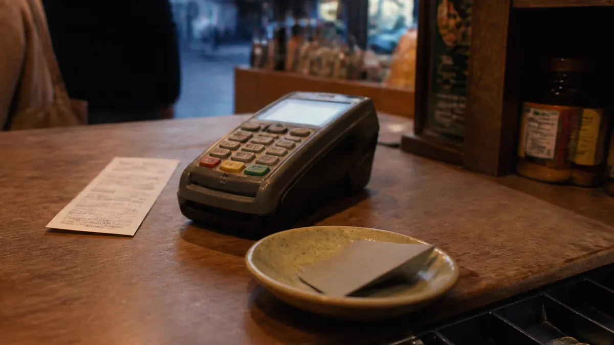Dans un commerce de quartier en début de soirée, un terminal de paiement attend sur le comptoir près d'un ticket et d'une soucoupe ; deux clients patientent, de profil et flous, devant la vitrine.