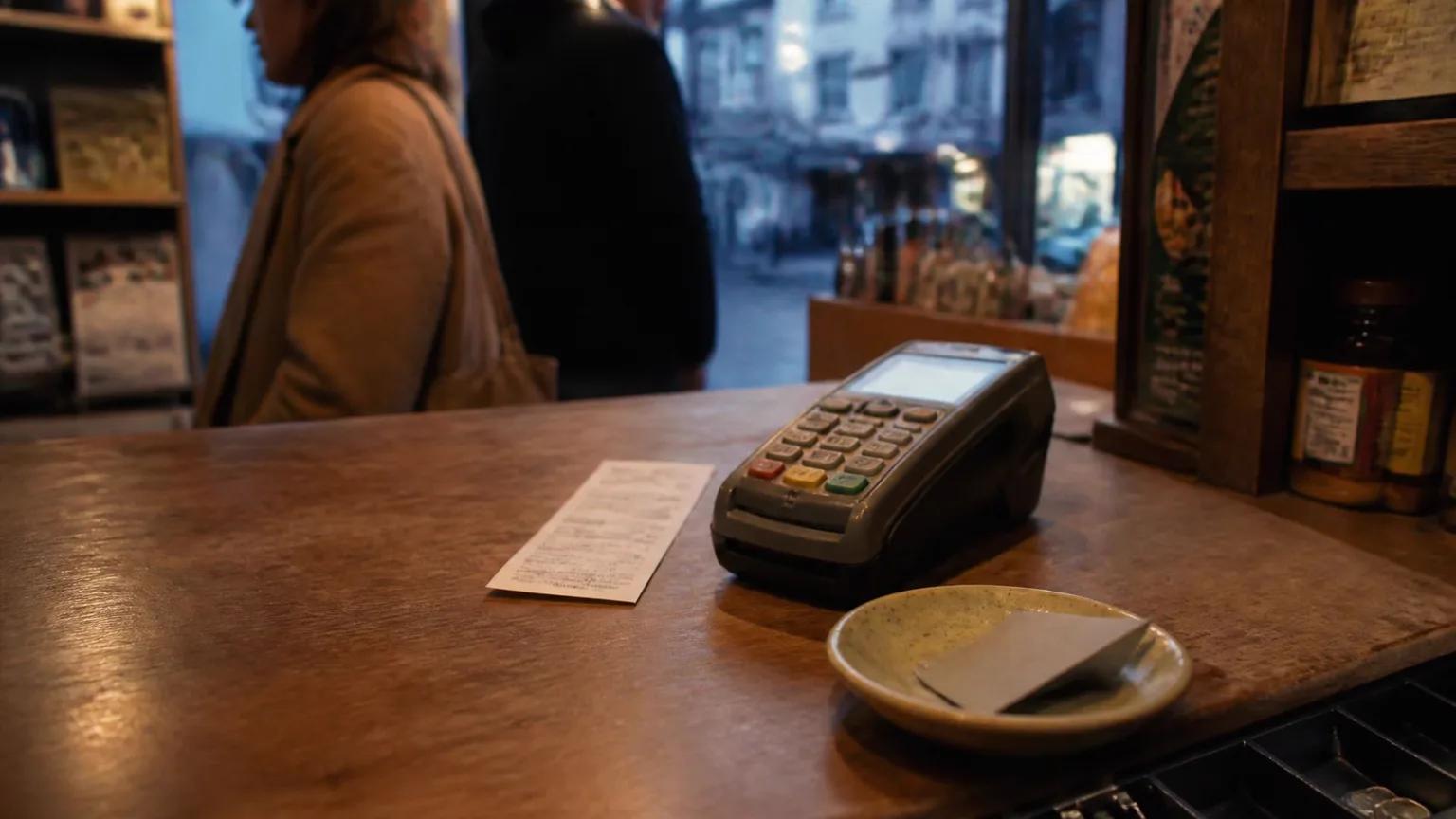 Dans un commerce de quartier en début de soirée, un terminal de paiement attend sur le comptoir près d'un ticket et d'une soucoupe ; deux clients patientent, de profil et flous, devant la vitrine.