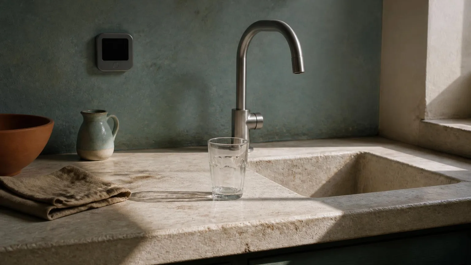 Dans une cuisine au mur turquoise, la lumière sèche du matin traverse la pièce : un verre presque vide est posé sur le plan de pierre, sous un robinet fermé, près d'un petit boîtier de relevé fixé au mur.