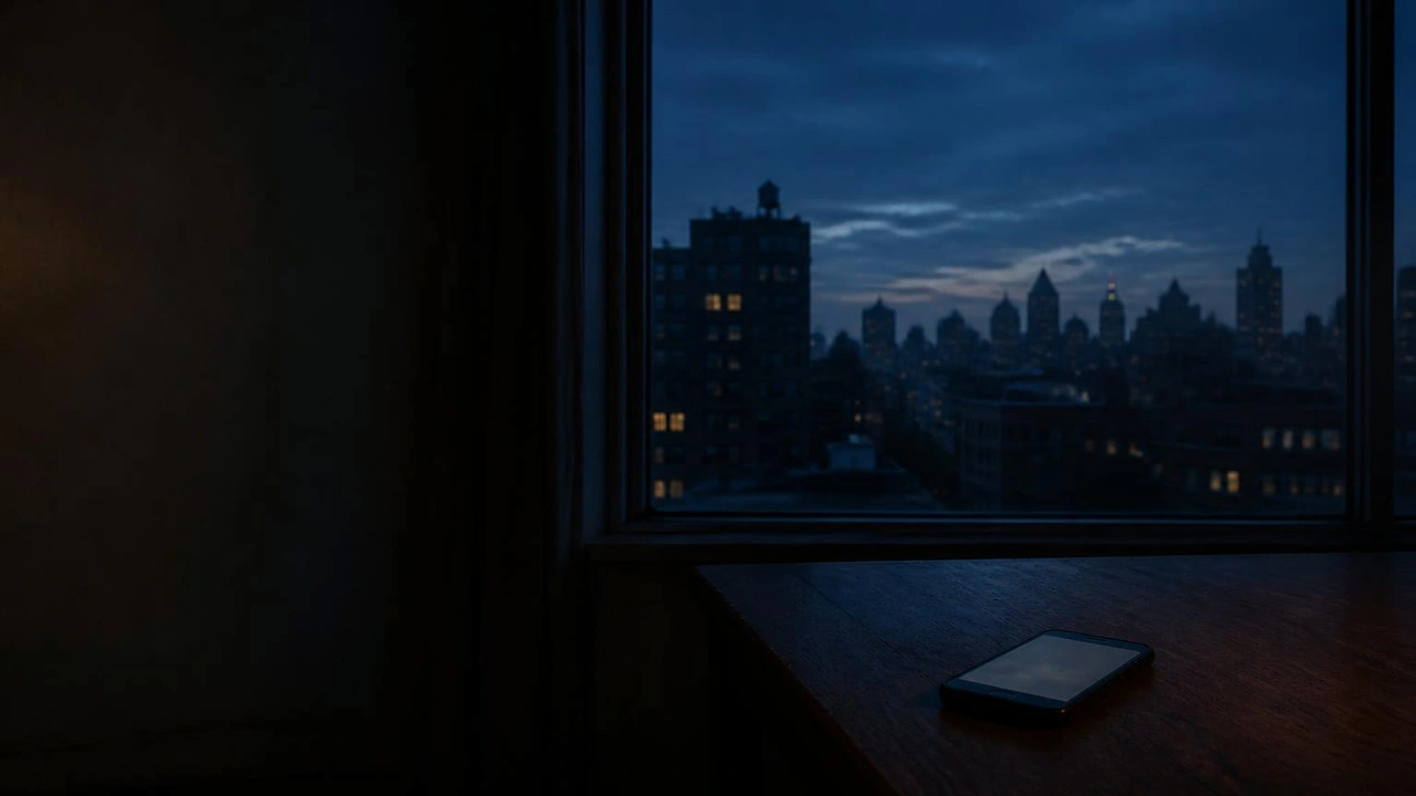 Une ville la nuit, vue depuis une fenêtre d'appartement ; un téléphone posé sur le rebord reste éteint.