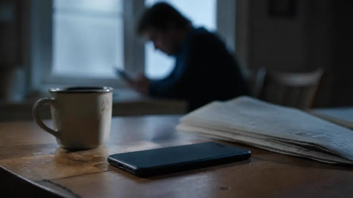 Gros plan sur un téléphone posé face cachée sur une table de bois, dans la lumière froide du petit matin, une silhouette floue penchée sur son écran à l'arrière-plan.