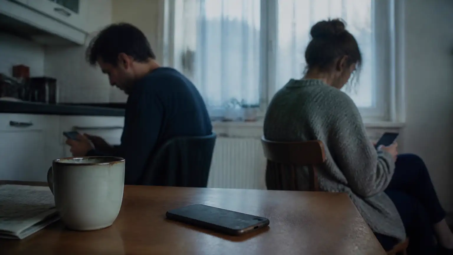 Tôt le matin dans une cuisine ordinaire : un téléphone posé face cachée sur la table de bois, près d'une tasse et d'un journal plié ; en arrière-plan flou, deux personnes assises à l'écart lisent chacune leur propre écran.