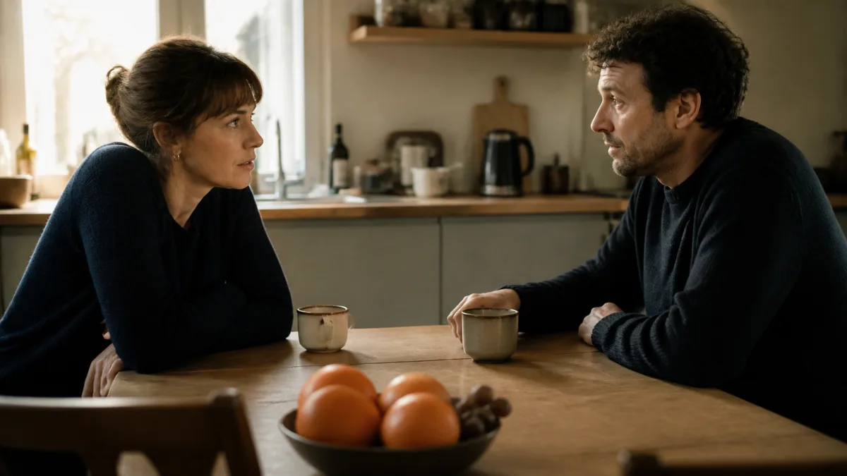 Dans une cuisine baignée de lumière naturelle, deux adultes assis face à face à une table de bois se regardent en silence : l'un vient de poser une question, l'autre hésite avant de répondre.