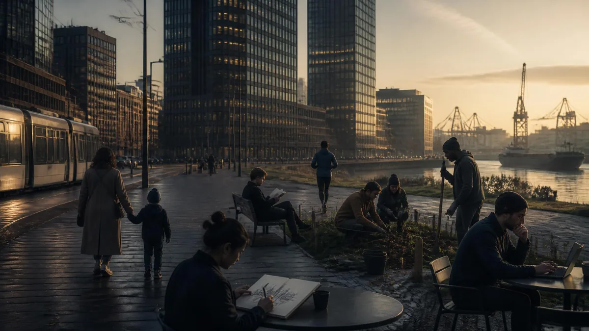 Un lundi matin dans une ville où les bureaux restent en grande partie éteints tandis que des habitants marchent en famille, lisent, courent, dessinent, jardinent ou travaillent encore sur un ordinateur.
