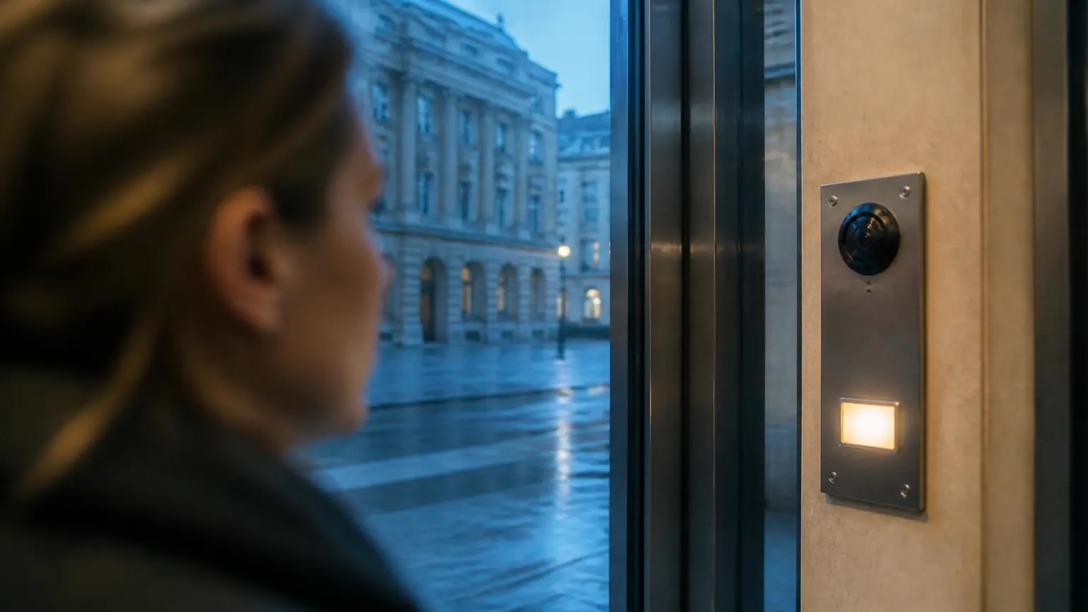 À l'aube, devant l'entrée vitrée d'un bâtiment public, une personne de dos et floue s'avance vers un petit lecteur mural dont le voyant est allumé.